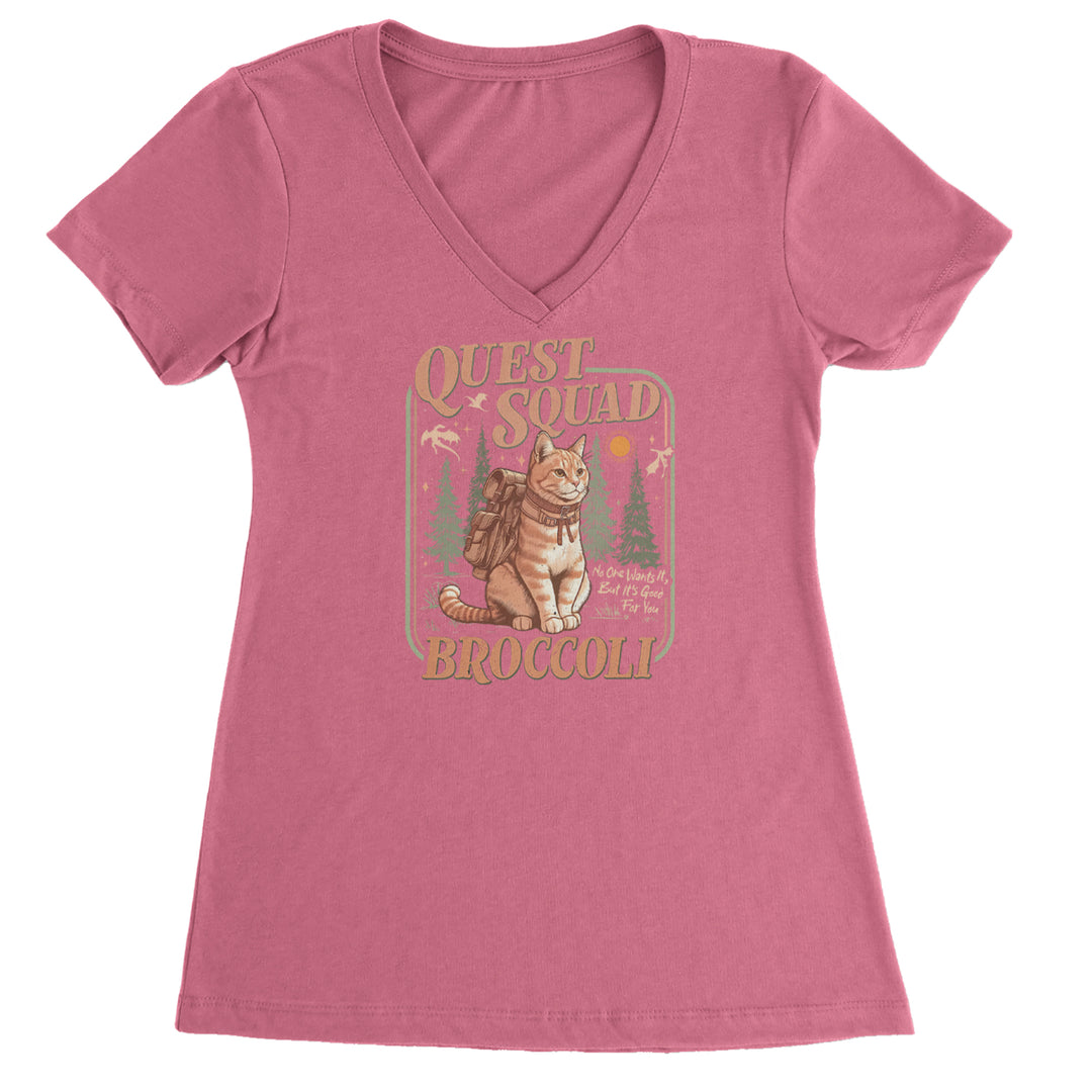 Quest Squad Broccoli Cat Fantasy Reader graphic on Women's Lightweight V-Neck T-Shirt in Hot Pink