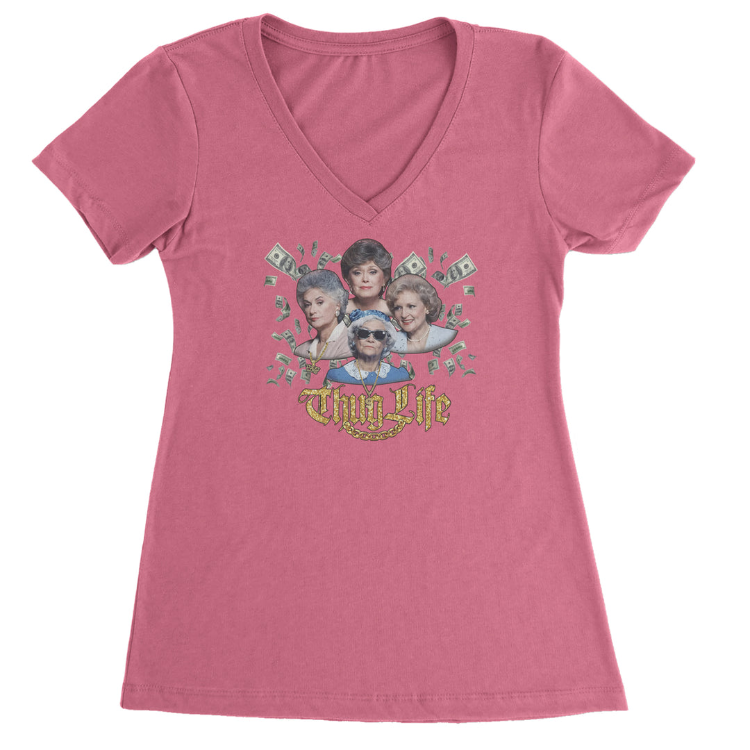 Golden Chain Thug Life Girls Ladies V-Neck T-shirt Hot Pink