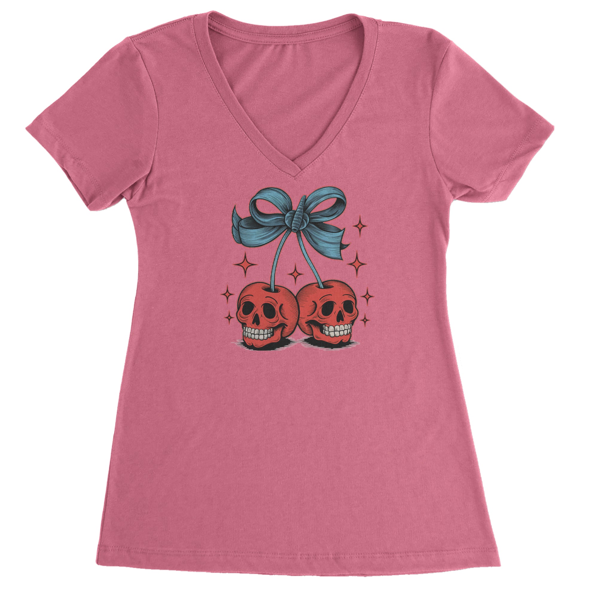 Cherry Skulls Retro Tattoo Ladies V-Neck T-shirt Hot Pink