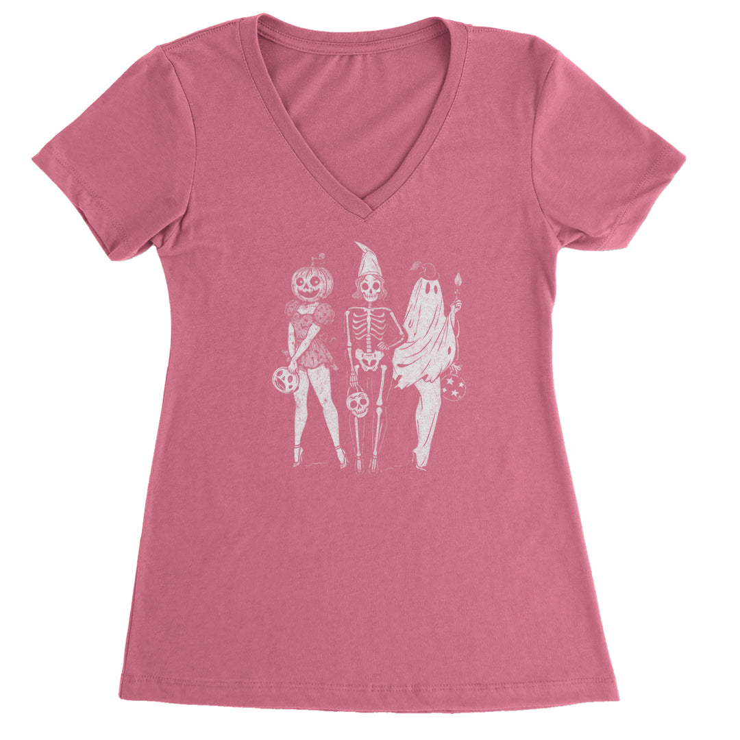 Vintage Spooky Squad Pinup Halloween Design Ladies V-Neck T-shirt Hot Pink