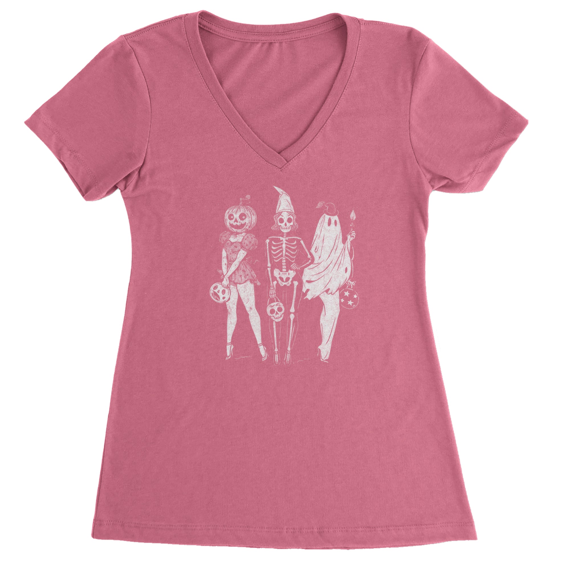 Vintage Spooky Squad Pinup Halloween Design Ladies V-Neck T-shirt Hot Pink