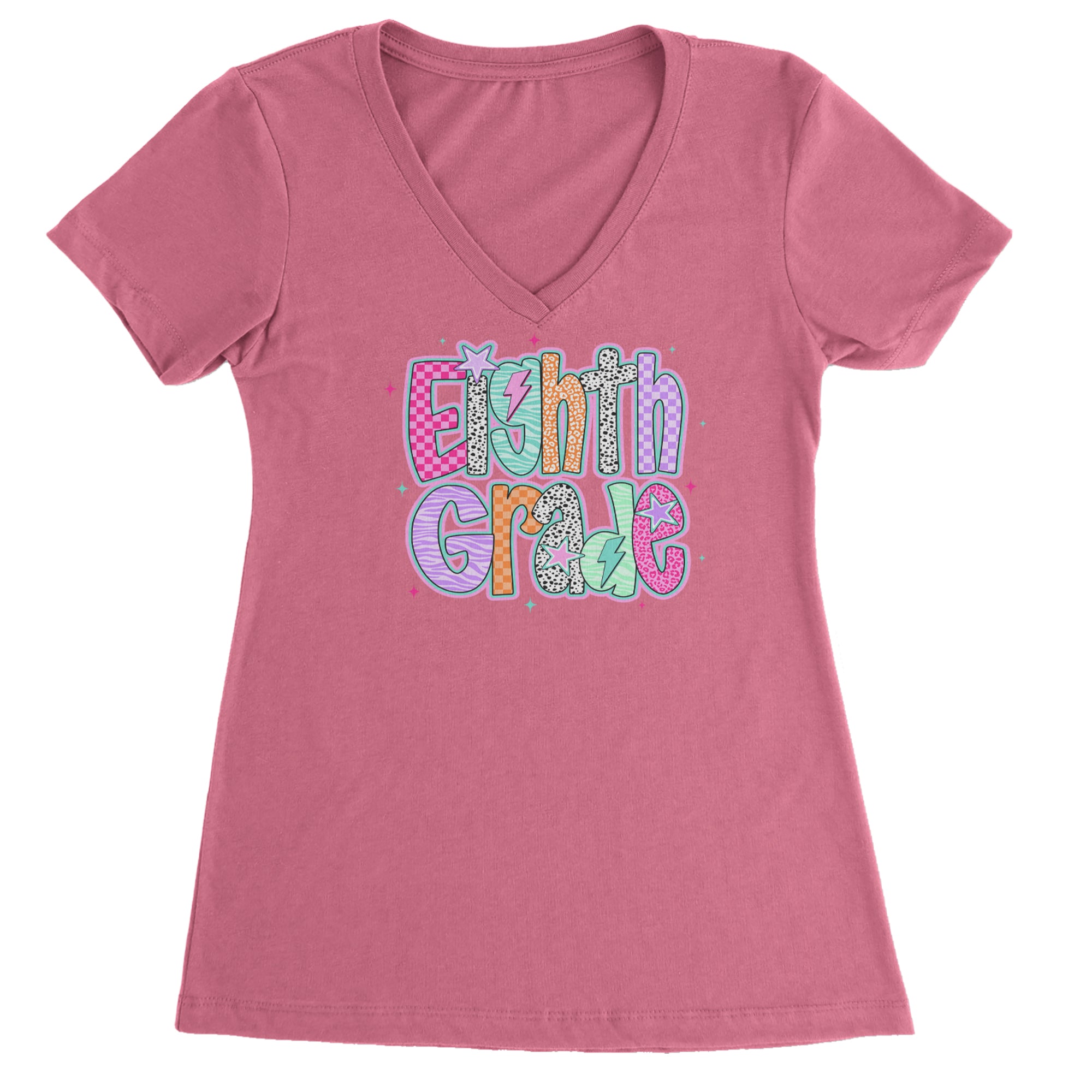 Eighth Grade Energy Colorful Back to School Ladies V-Neck T-shirt Hot Pink