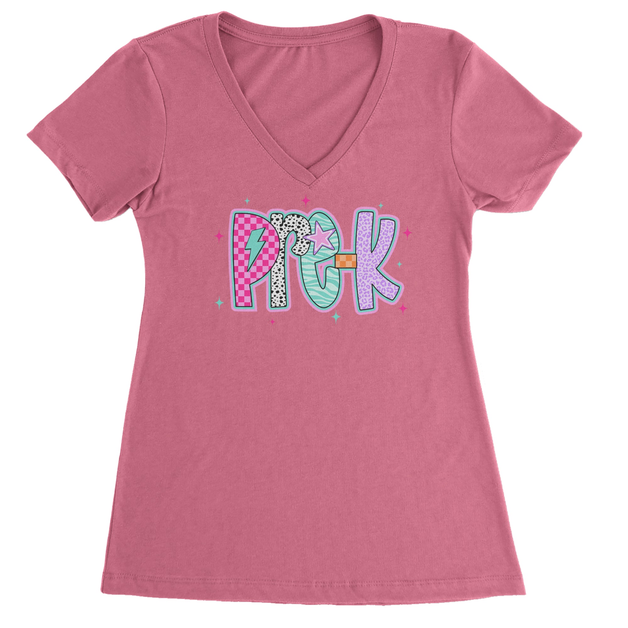 Pre-K Party Time Colorful Back to School Ladies V-Neck T-shirt Hot Pink