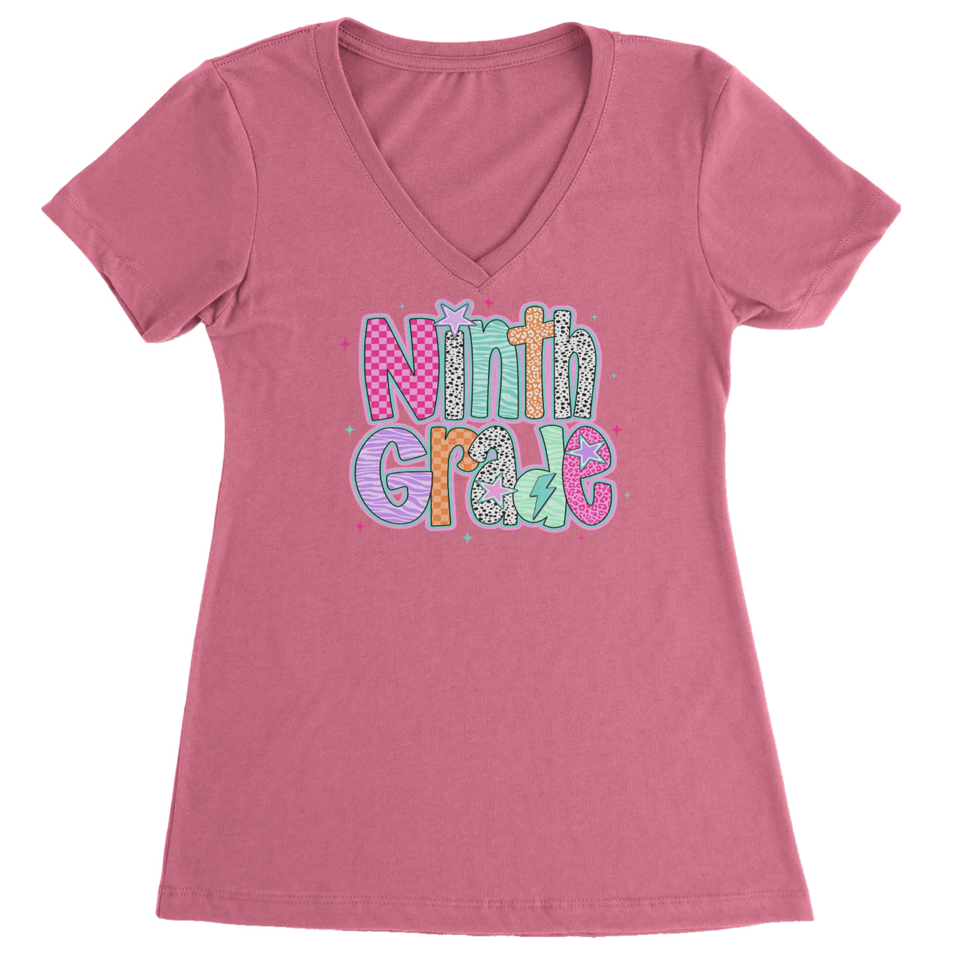 Ninth Grade Freshman Vibes Colorful Back to School Ladies V-Neck T-shirt Hot Pink