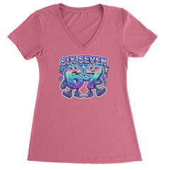 Six Seven 67 Retro Pixel Buddies Ladies V-Neck T-shirt Hot Pink