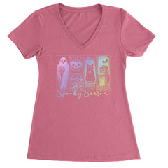 Spooky Season Cute Pastel Halloween Design Ladies V-Neck T-shirt Hot Pink