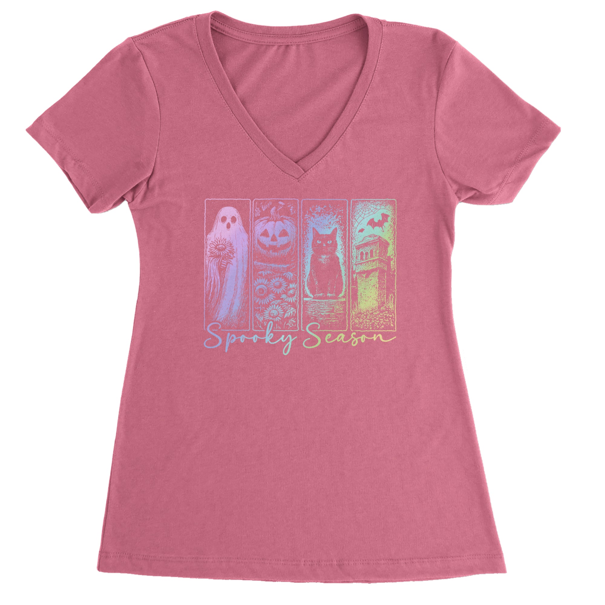 Spooky Season Cute Pastel Halloween Design Ladies V-Neck T-shirt Hot Pink