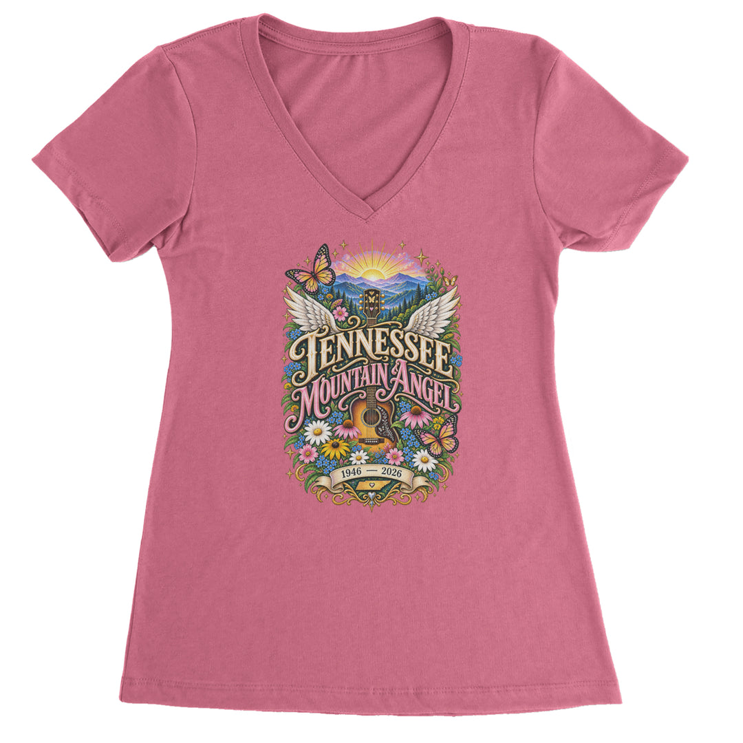 Tennessee Mountain Angel Wings Dolly Ladies V-Neck T-shirt Hot Pink