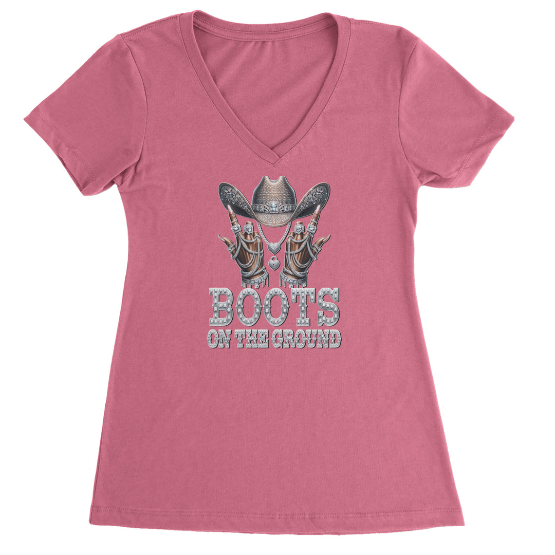 Boots On The Ground Bling Ladies V-Neck T-shirt Hot Pink