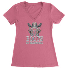 Boots On The Ground Bling Ladies V-Neck T-shirt Hot Pink