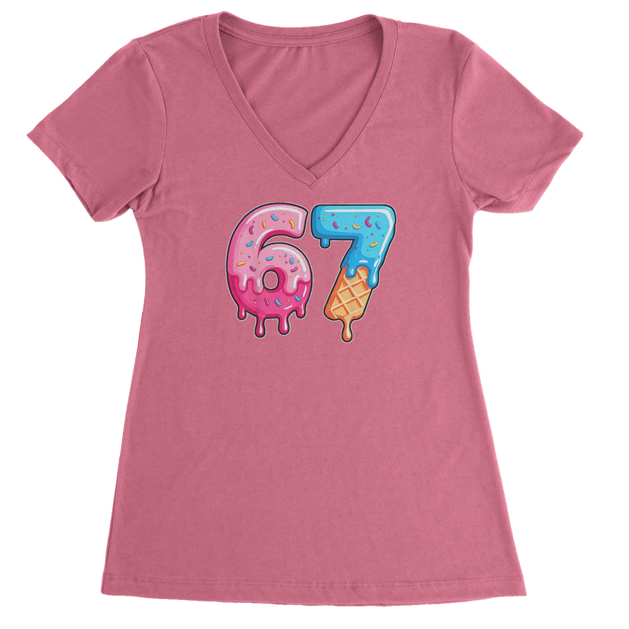 67 Dripping Ice Cream Donut Melt Ladies V-Neck T-shirt Hot Pink