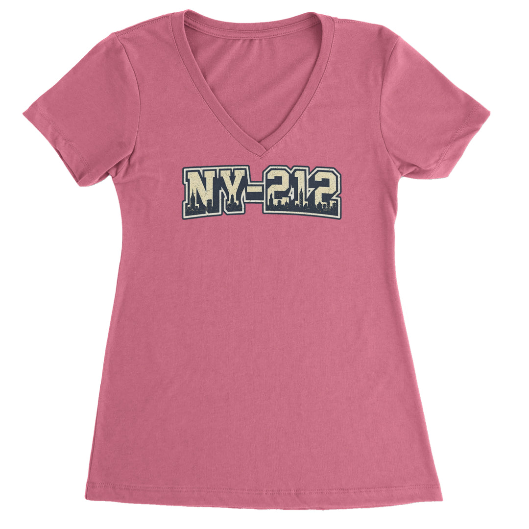 New York City 212 Area Code Skyline  Ladies V-Neck T-shirt Hot Pink