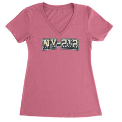 New York City 212 Area Code Skyline  Ladies V-Neck T-shirt Hot Pink