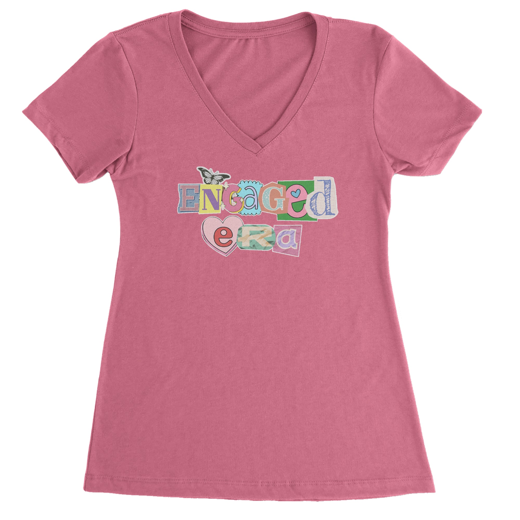 Engaged Era Aesthetic Retro Collage Design Ladies V-Neck T-shirt Hot Pink