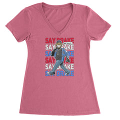 Say Drake Smiling Meme Mustard Ladies V-Neck T-shirt Hot Pink
