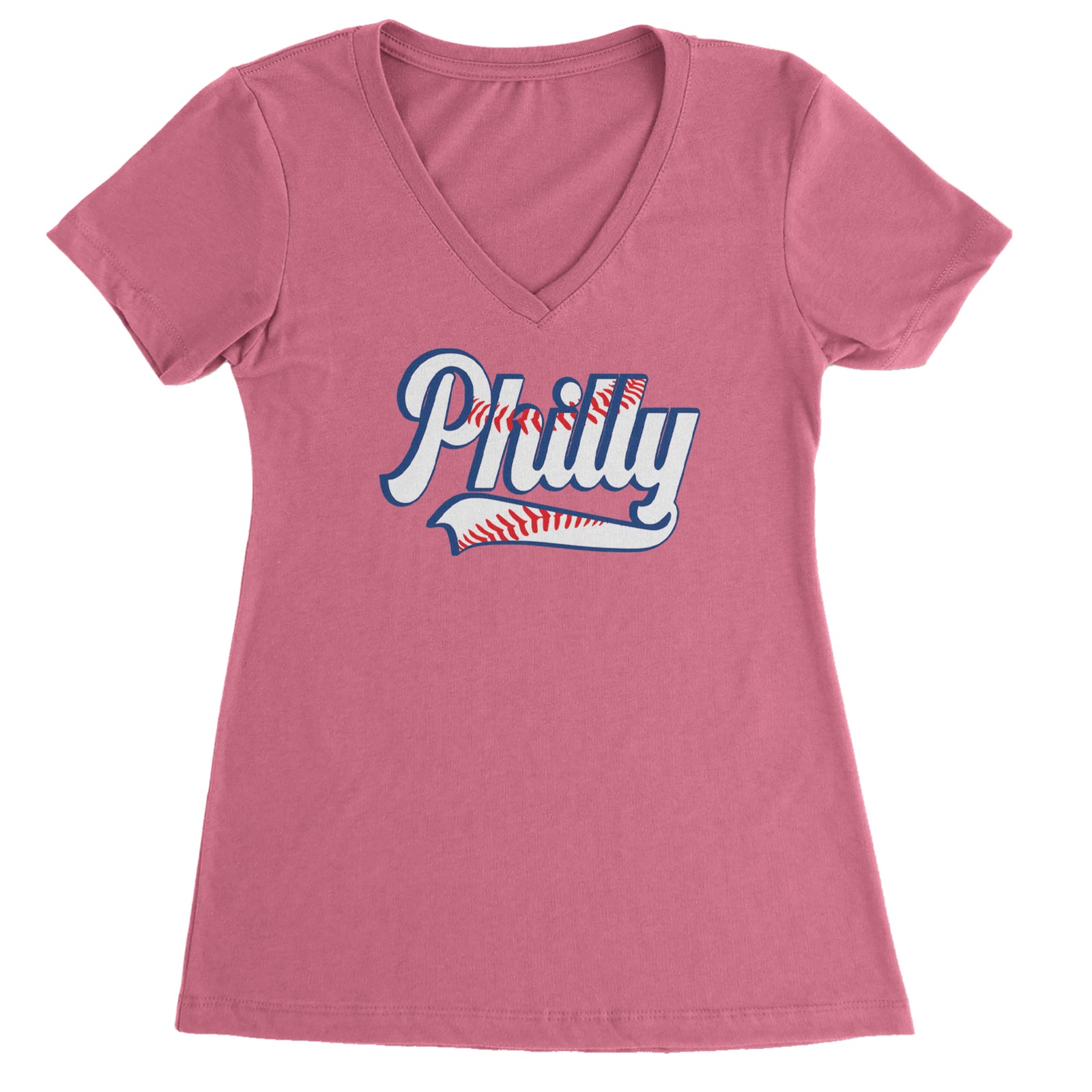 Philly Baseball Stitching Ladies V-Neck T-shirt Hot Pink