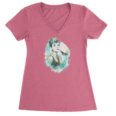 Mrs. Herpburn Iconic Watercolors Ladies V-Neck T-shirt Hot Pink