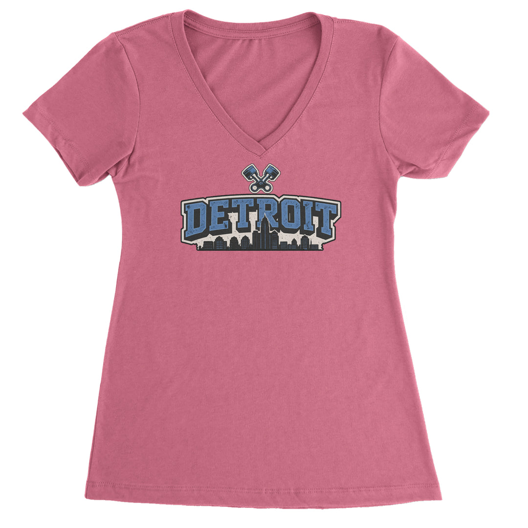 Detroit Motor City Retro Piston Ladies V-Neck T-shirt Hot Pink