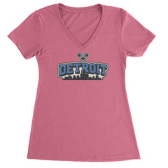 Detroit Motor City Retro Piston Ladies V-Neck T-shirt Hot Pink