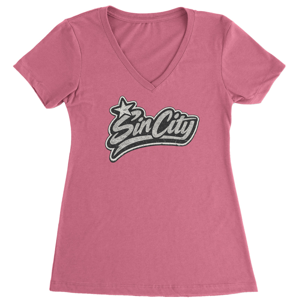 Sin City Vegas Retro Vintage Ladies V-Neck T-shirt Hot Pink