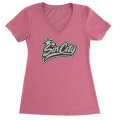Sin City Vegas Retro Vintage Ladies V-Neck T-shirt Hot Pink