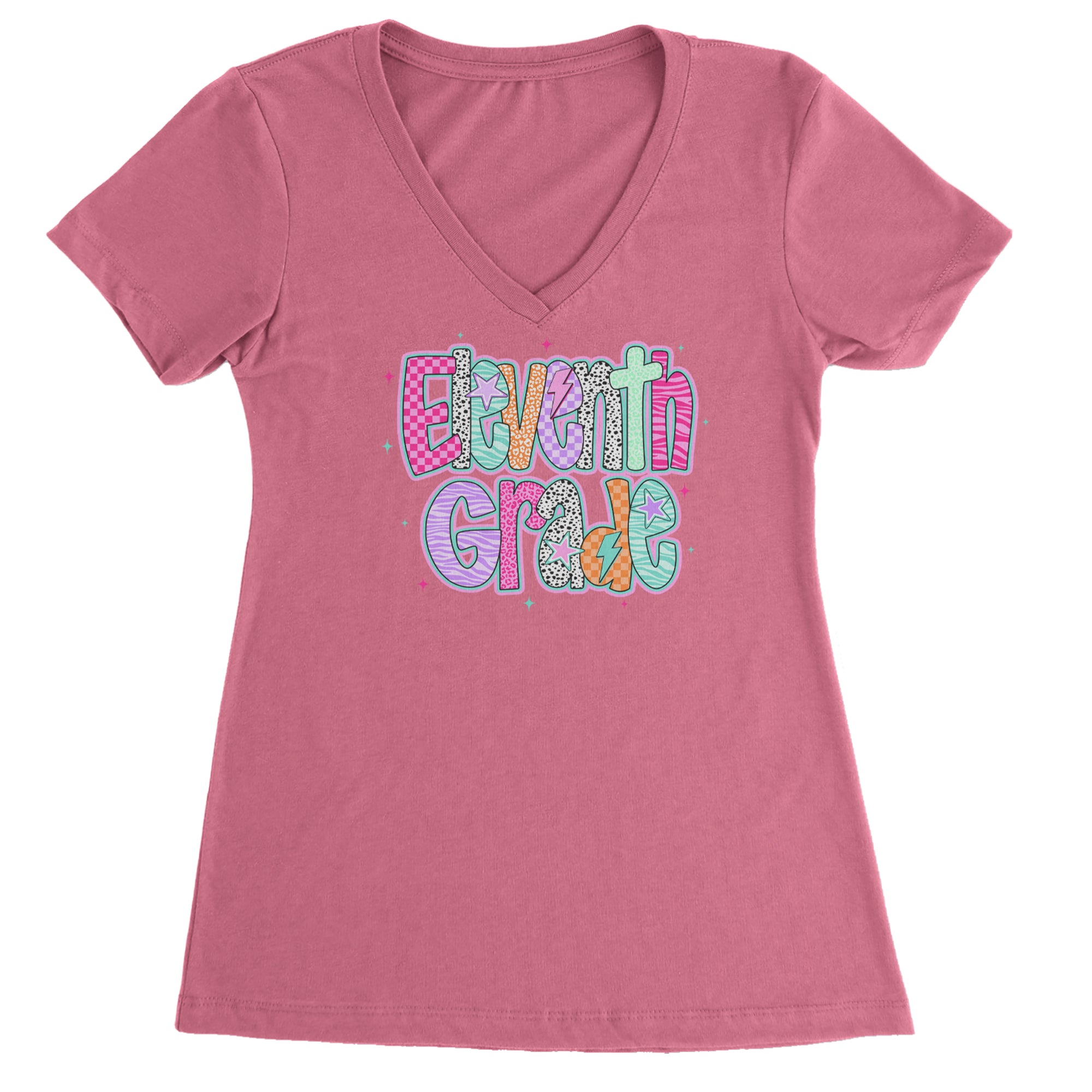 Eleventh Grade Extra Colorful Back to School Ladies V-Neck T-shirt Hot Pink