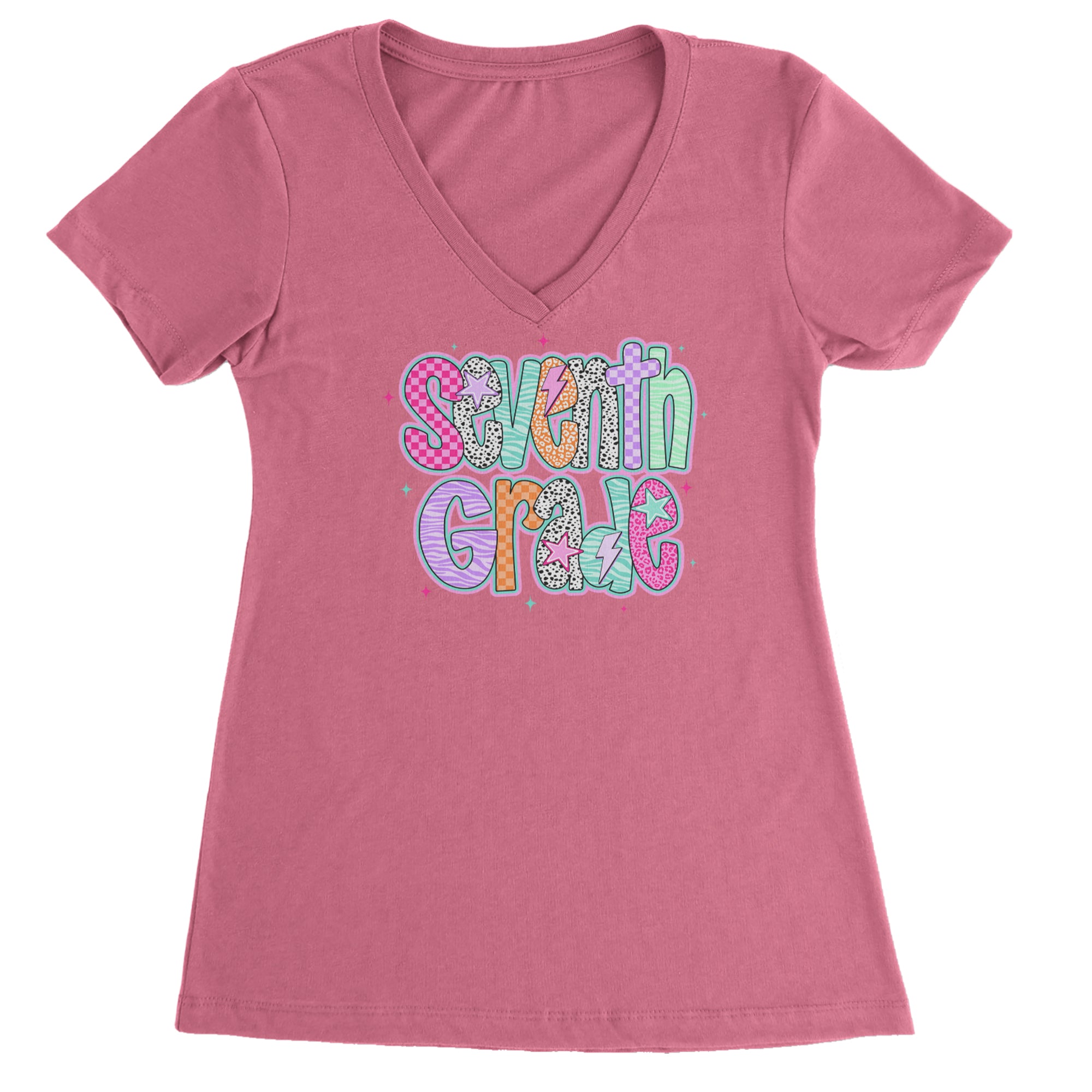 Seventh Grade Swagger Colorful Back to School Ladies V-Neck T-shirt Hot Pink