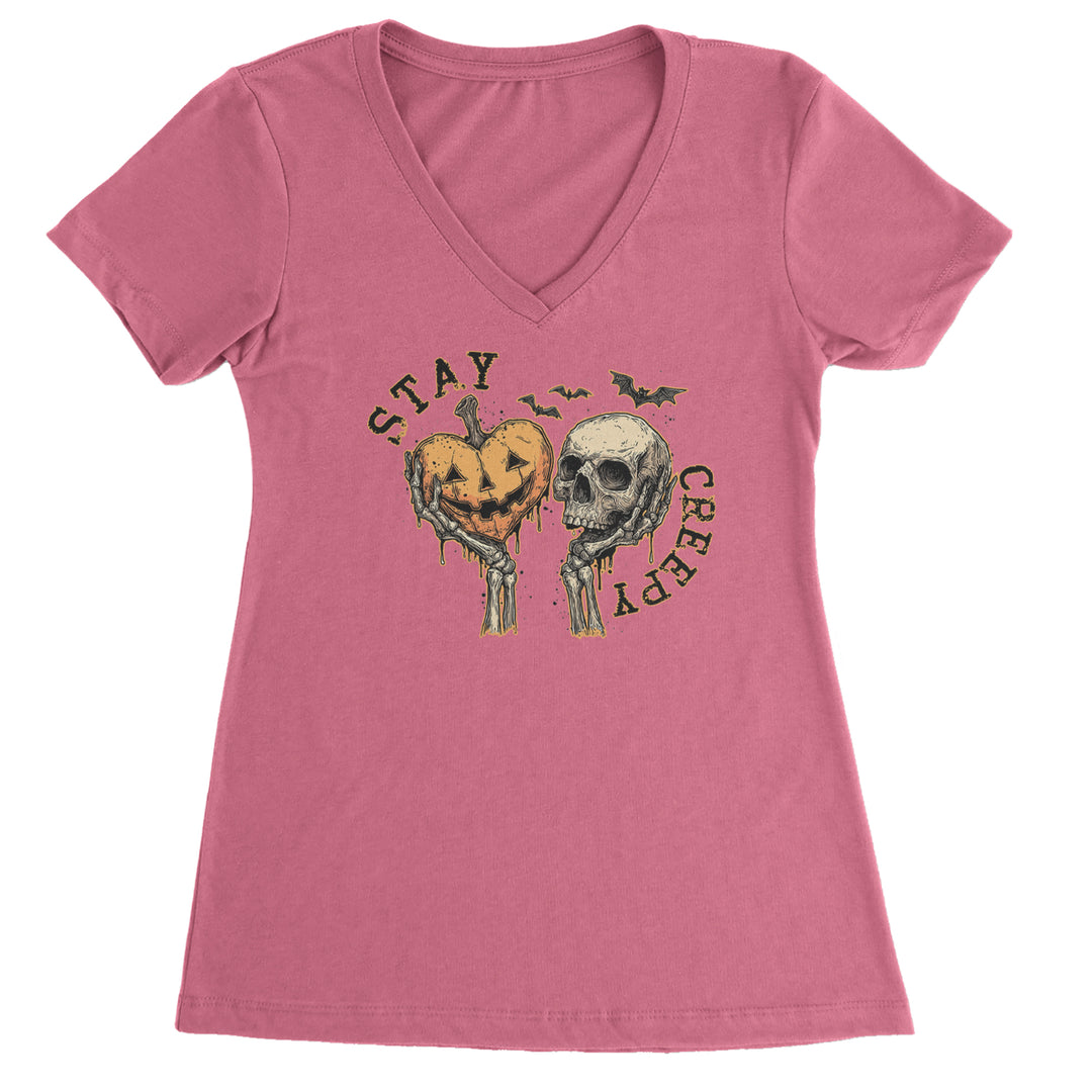 Stay Creepy Skull and Pumpkin Halloween Ladies V-Neck T-shirt Hot Pink