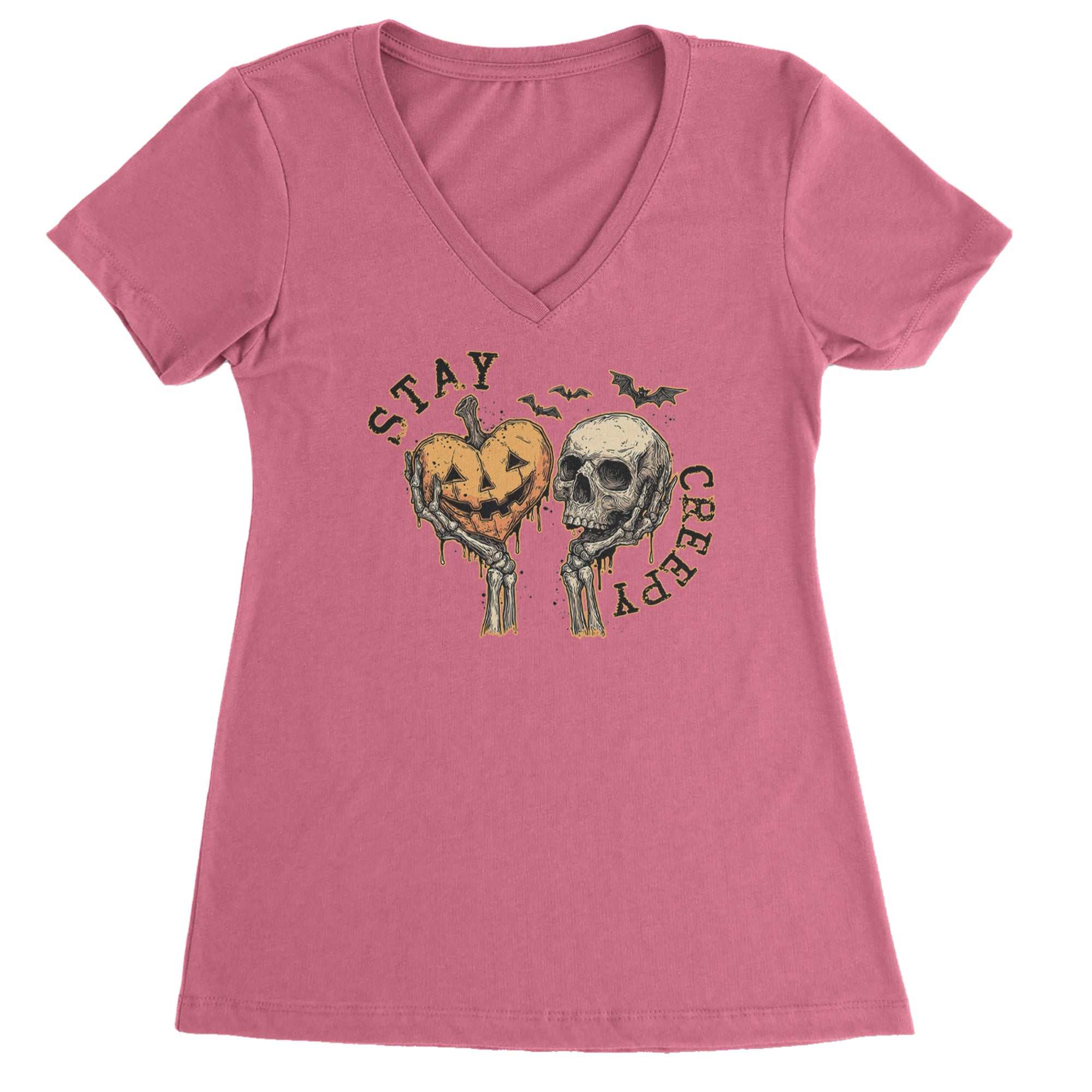 Stay Creepy Skull and Pumpkin Halloween Ladies V-Neck T-shirt Hot Pink