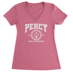 Percy Son Of Poseidon Sea God Ladies V-Neck T-shirt Hot Pink