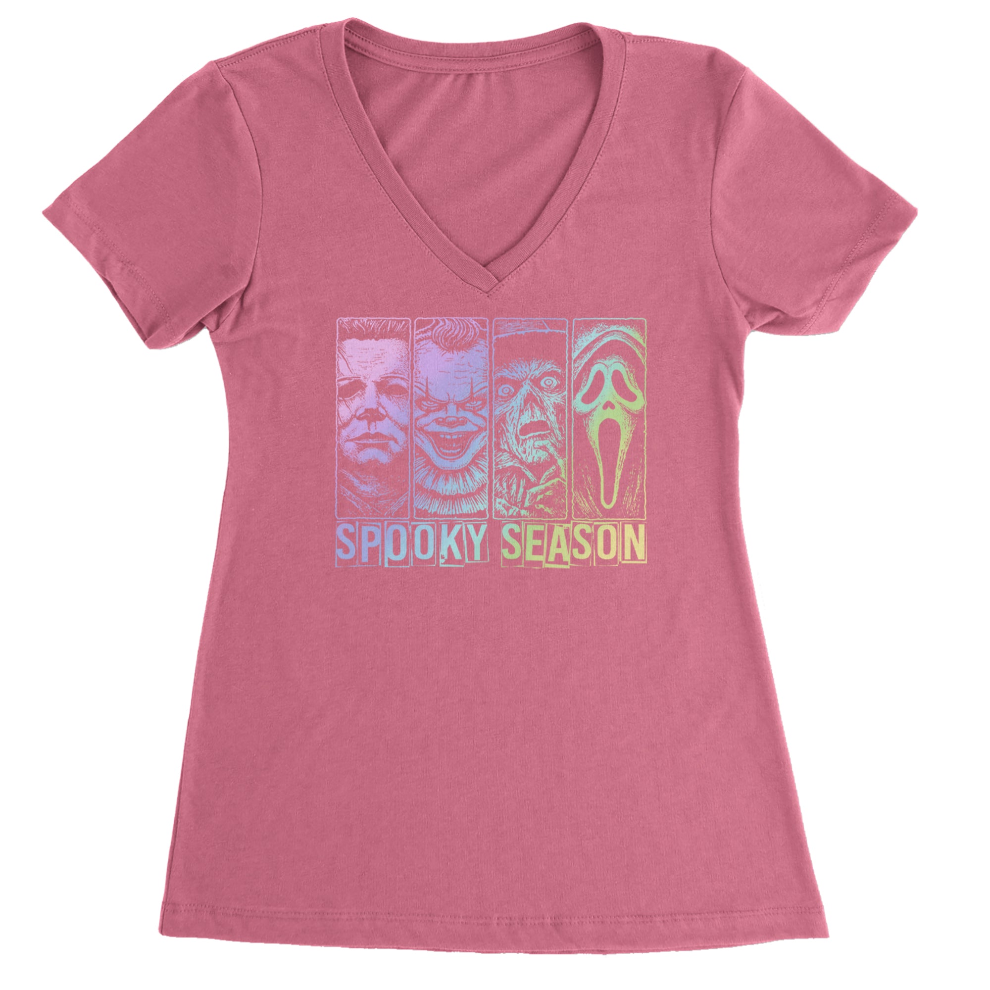 Spooky Season Horror Icons Halloween Ladies V-Neck T-shirt Hot Pink