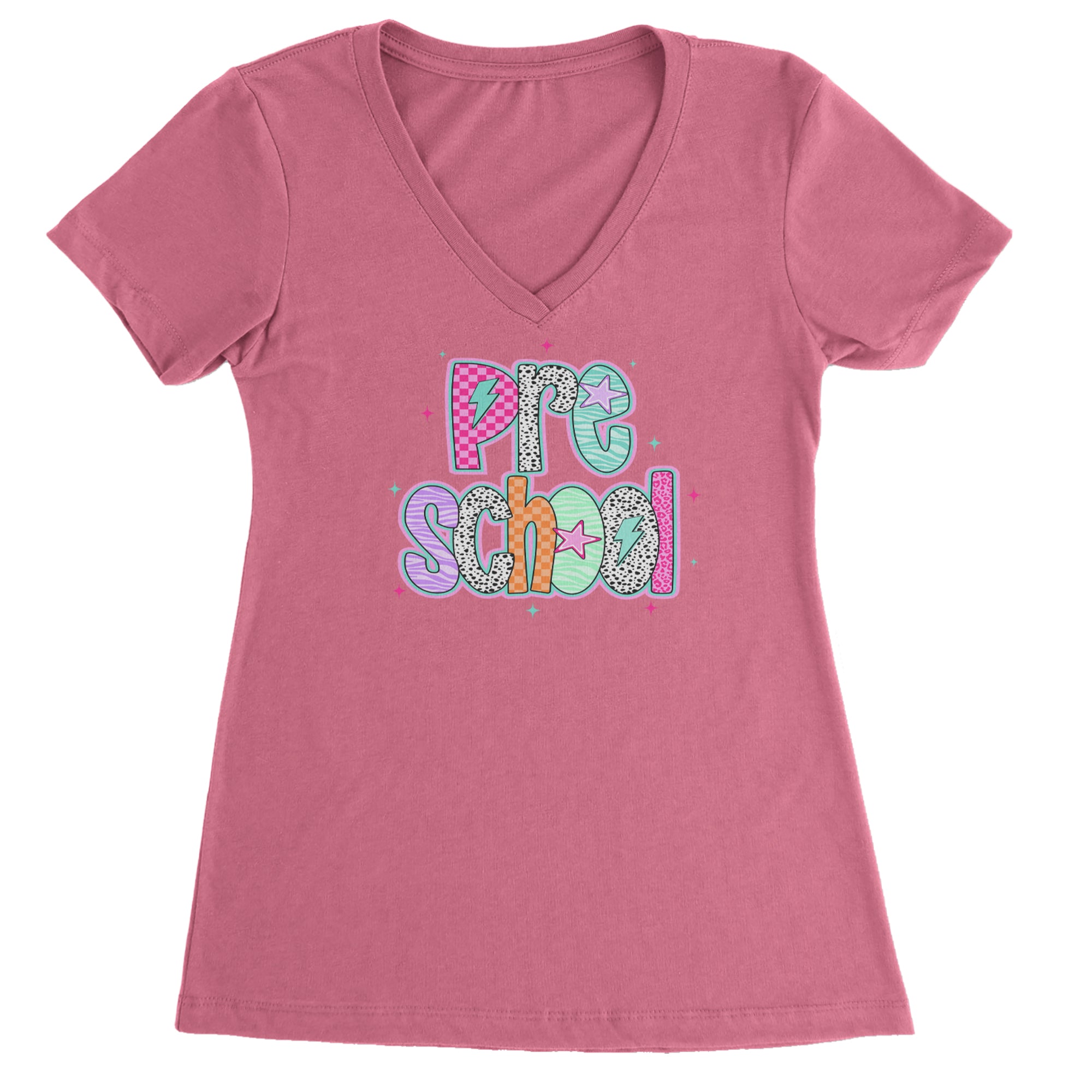 Preschool Power Colorful Back to School Ladies V-Neck T-shirt Hot Pink
