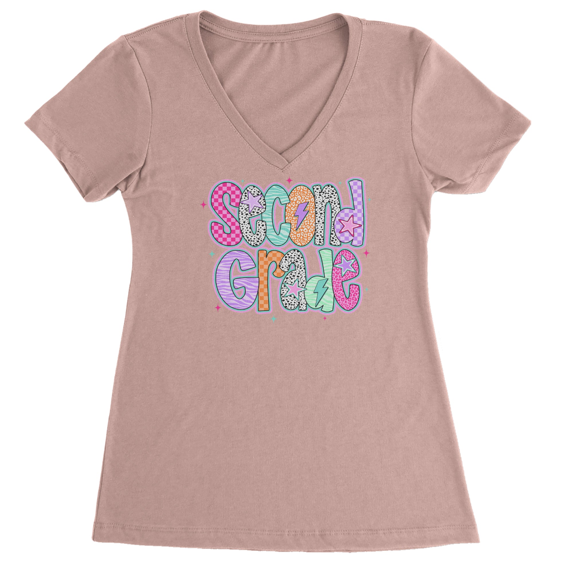 Second Grade Star Colorful Back to School Ladies V-Neck T-shirt Light Pink