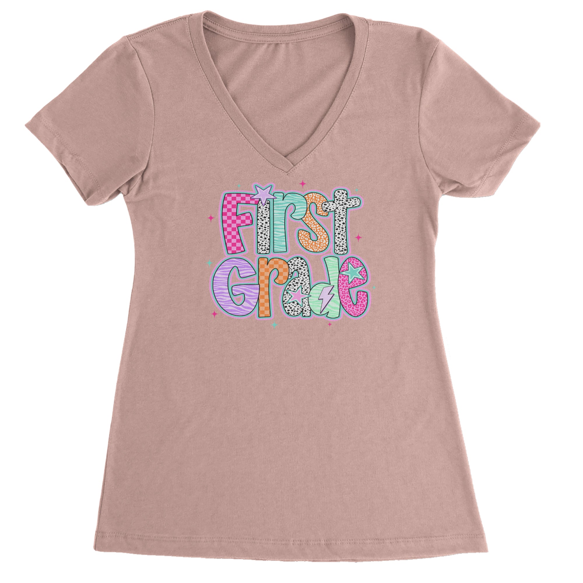 First Grade Vibes Colorful Back to School Ladies V-Neck T-shirt Light Pink