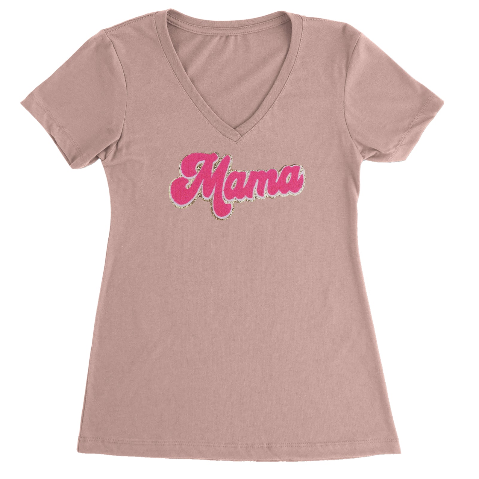 Mama Hot Pink Glitter Chenille Patch Ladies V-Neck T-shirt Light Pink