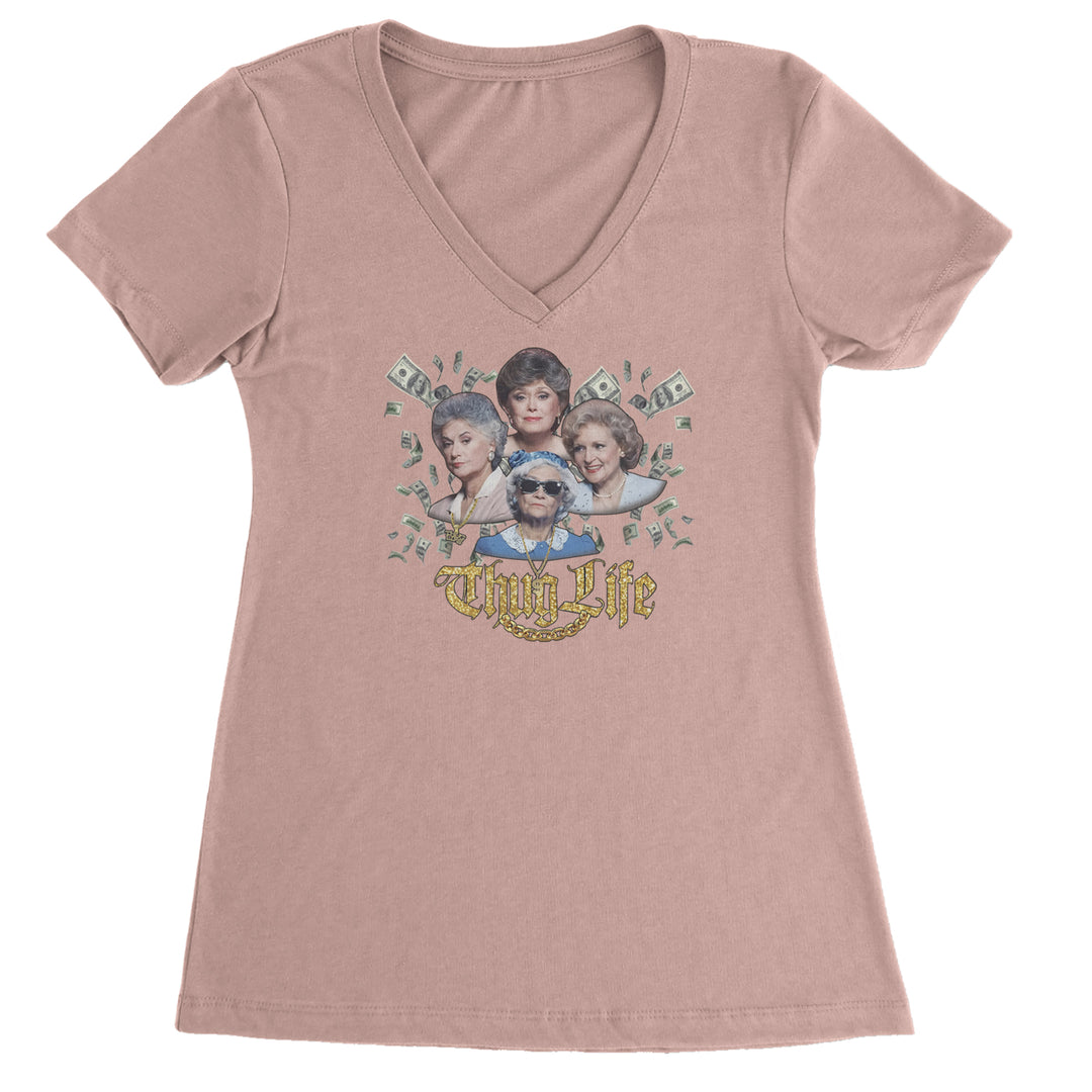 Golden Chain Thug Life Girls Ladies V-Neck T-shirt Light Pink