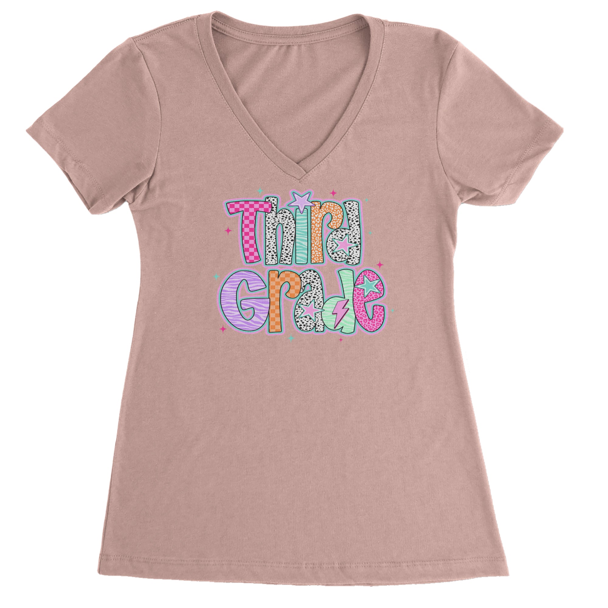 Third Grade Thunder Colorful Back to School Ladies V-Neck T-shirt Light Pink