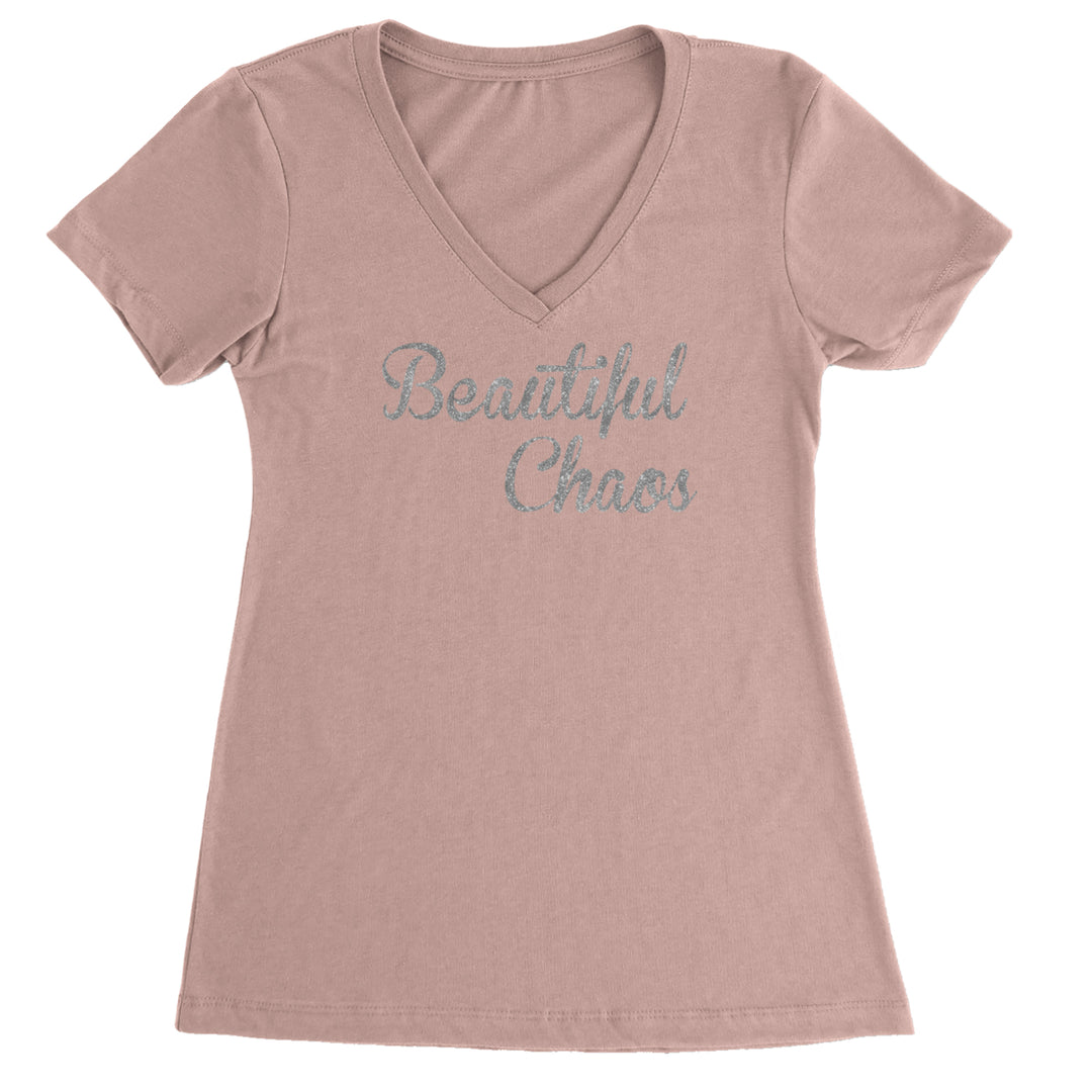 Beautiful Chaos Glitter Music Festival Ladies V-Neck T-shirt Light Pink