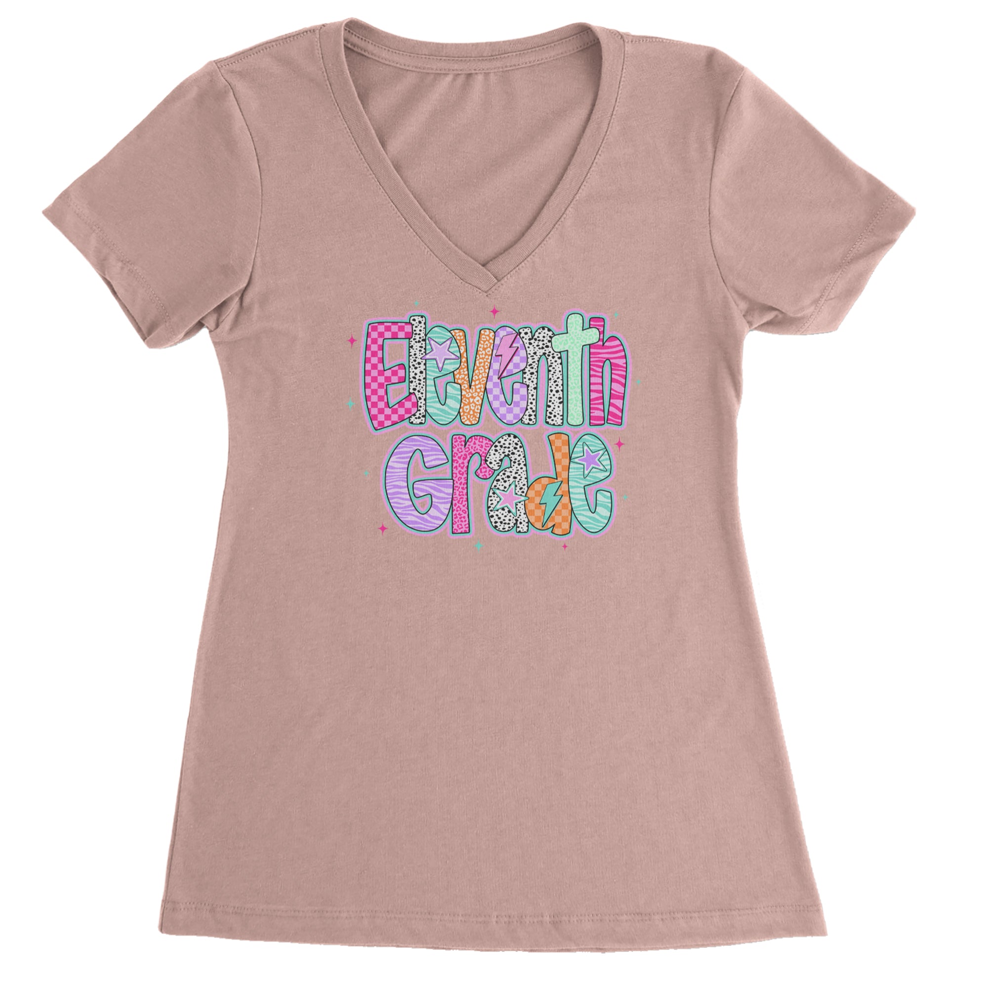 Eleventh Grade Extra Colorful Back to School Ladies V-Neck T-shirt Light Pink