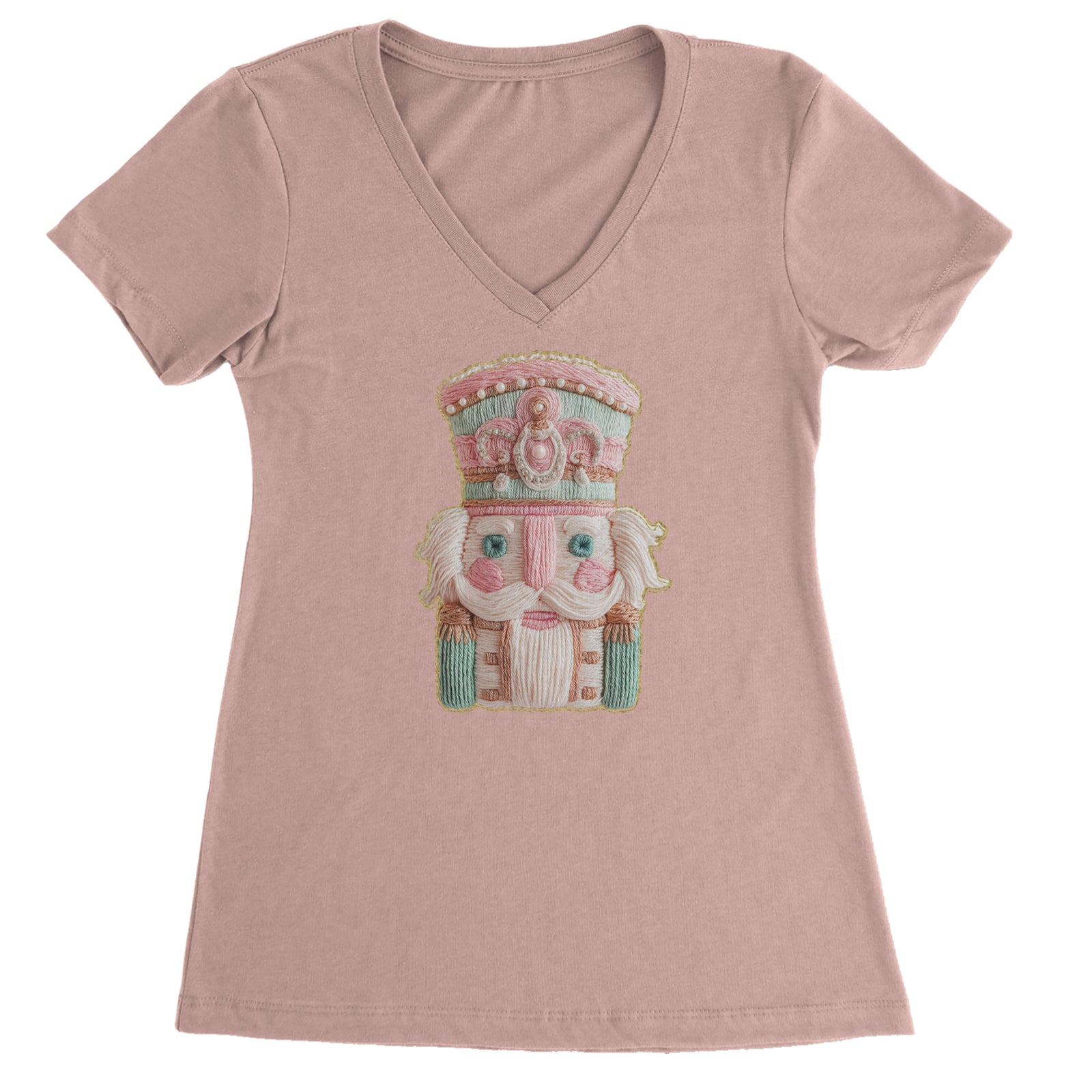 Vintage Nutcracker Embroidery Art Soft Cottagecore Ladies V-Neck T-shirt Light Pink