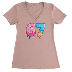 67 Dripping Ice Cream Donut Melt Ladies V-Neck T-shirt Light Pink
