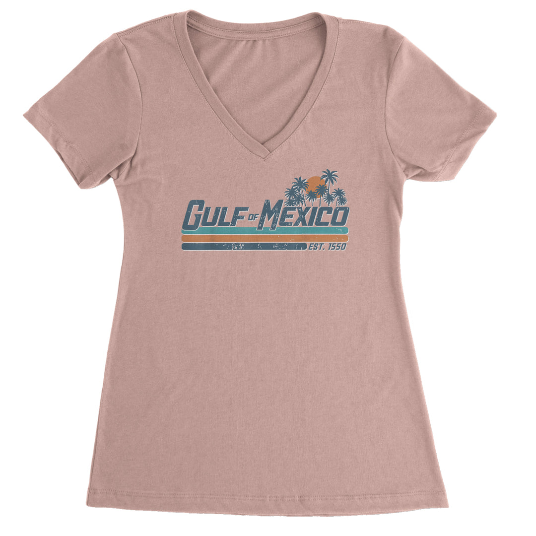 Women's lightweight V-neck T-shirt with Gulf of Mexico "EST. 1550" vintage sunset, palm trees, and beachy travel-style graphic