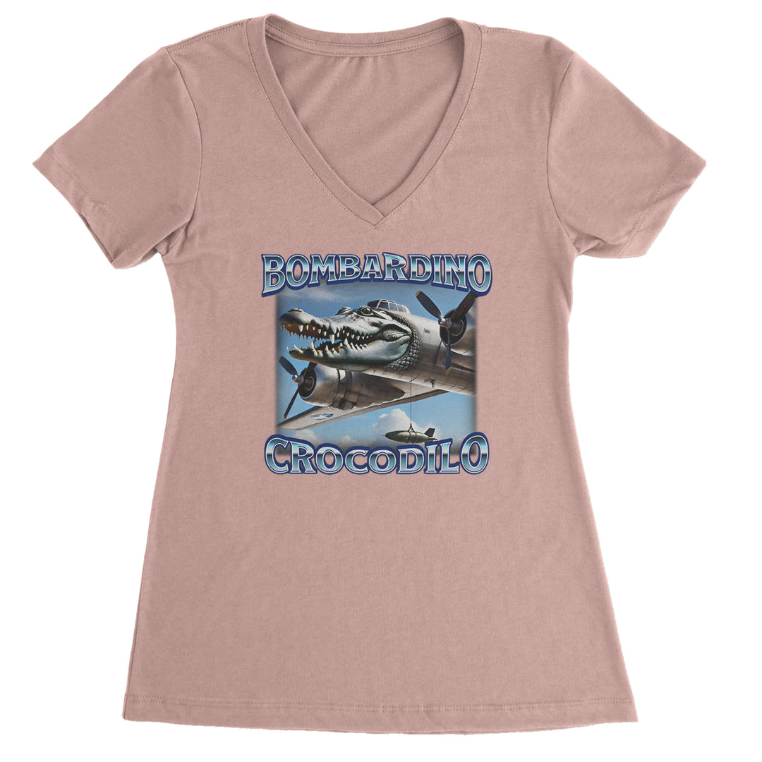Bombardino Crocodilo Brainrot Ladies V-Neck T-shirt Light Pink