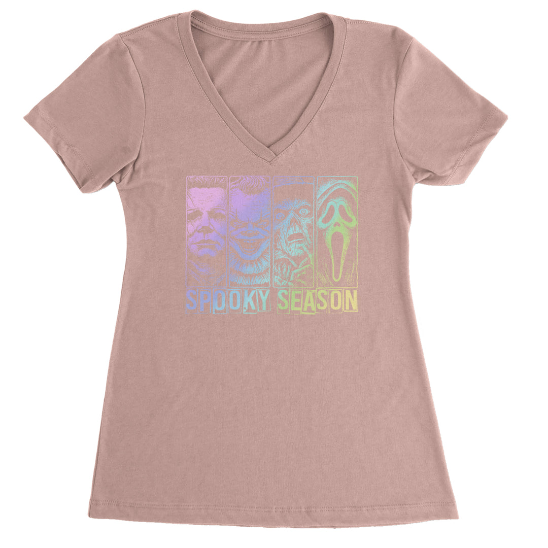Spooky Season Horror Icons Halloween Ladies V-Neck T-shirt Light Pink