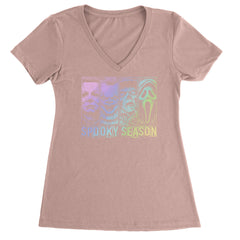 Spooky Season Horror Icons Halloween Ladies V-Neck T-shirt Light Pink