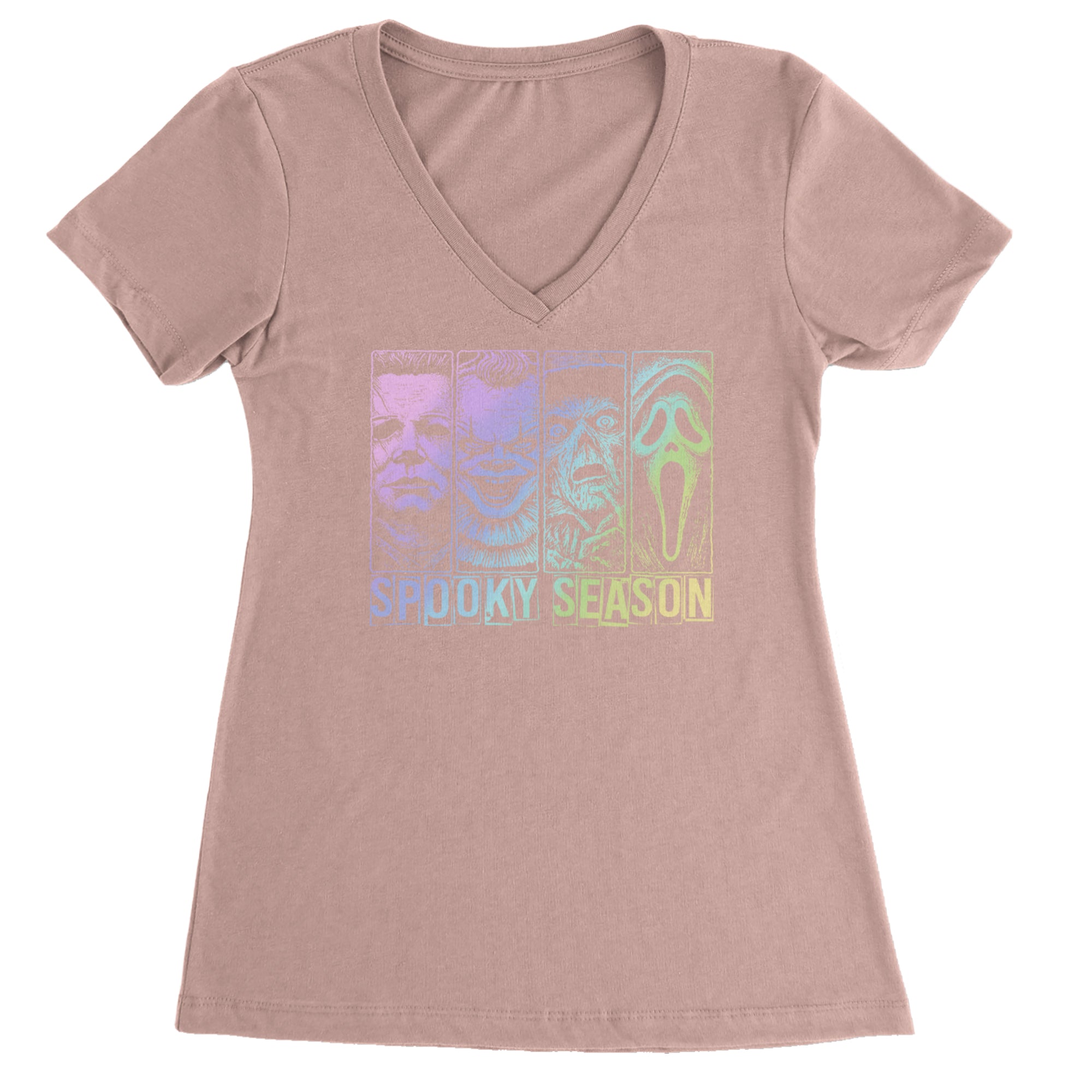 Spooky Season Horror Icons Halloween Ladies V-Neck T-shirt Light Pink