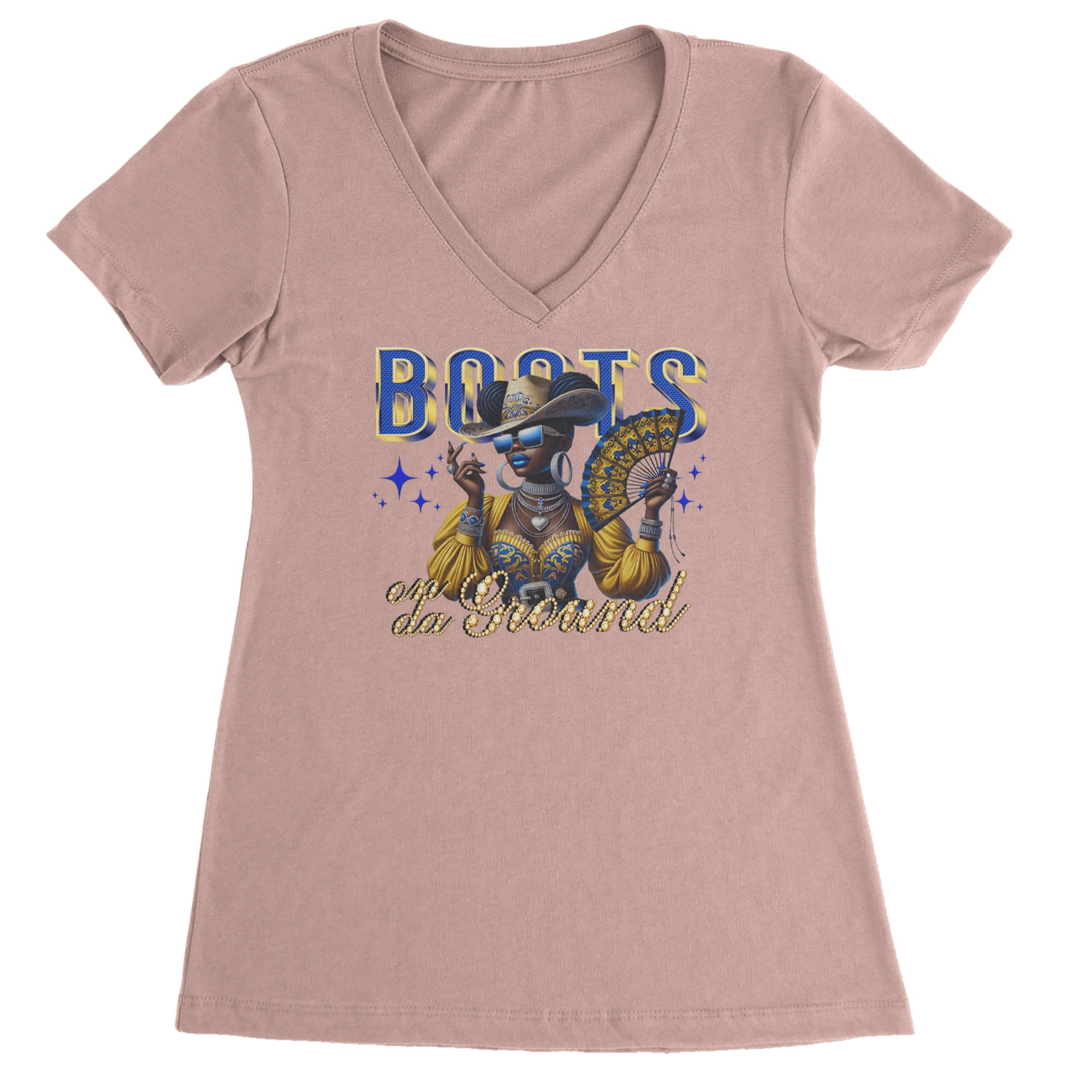 Boots On Da Ground Folding Fan Ladies V-Neck T-shirt Light Pink