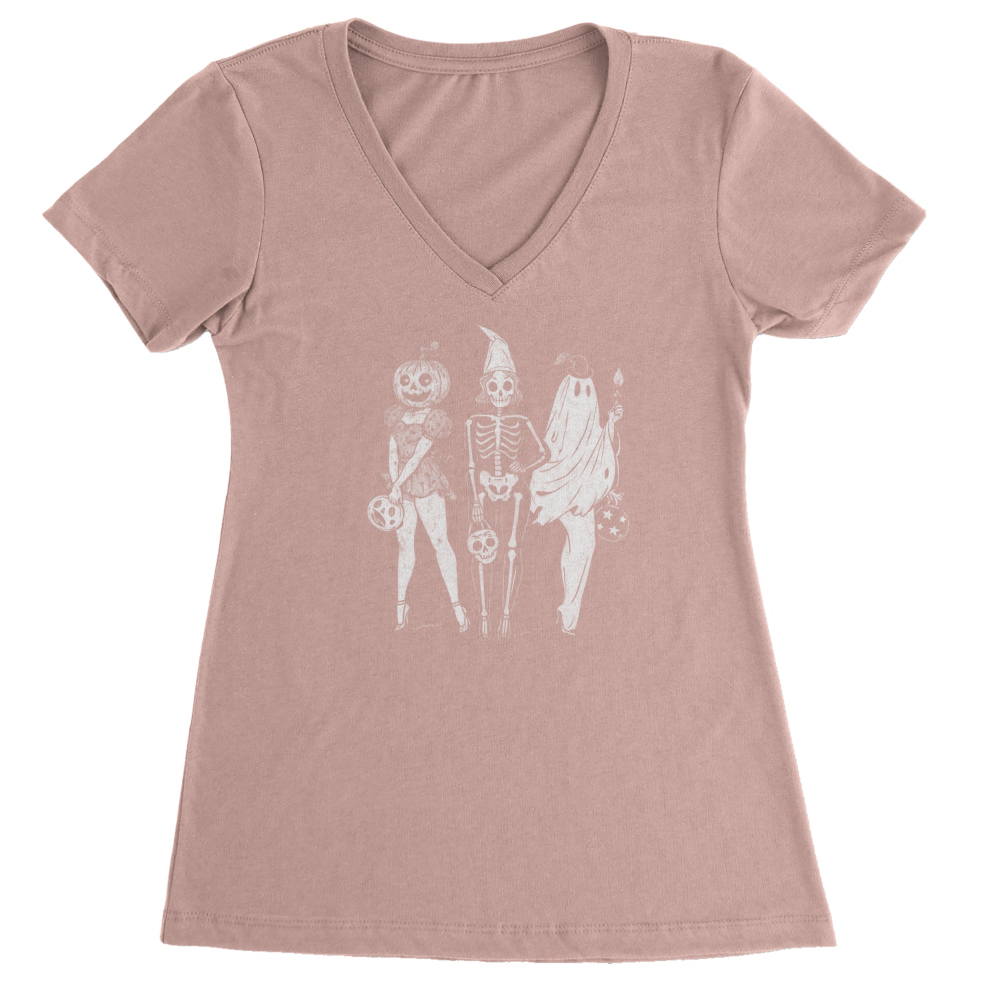 Vintage Spooky Squad Pinup Halloween Design Ladies V-Neck T-shirt Light Pink