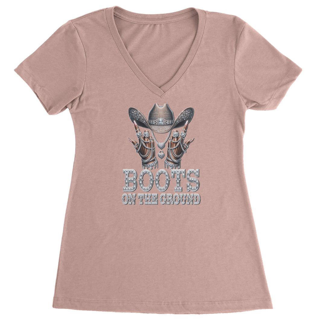 Boots On The Ground Bling Ladies V-Neck T-shirt Light Pink