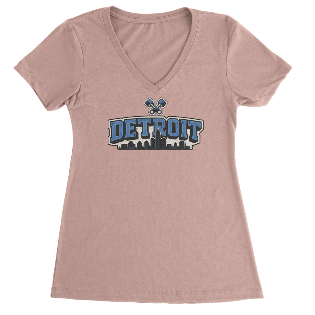 Detroit Motor City Retro Piston Ladies V-Neck T-shirt Light Pink
